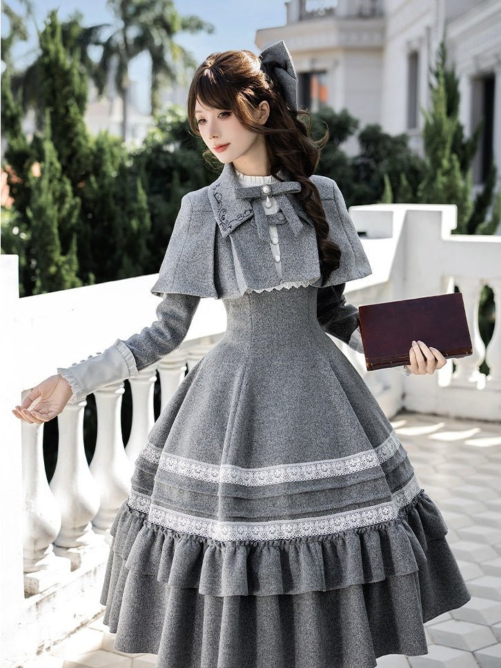 Nostalgia Classic Cape Gray OP Dress Set 1321 - LolitaEraGray Short OP SetSNostalgia Classic Cape Gray OP Dress Set 1321
