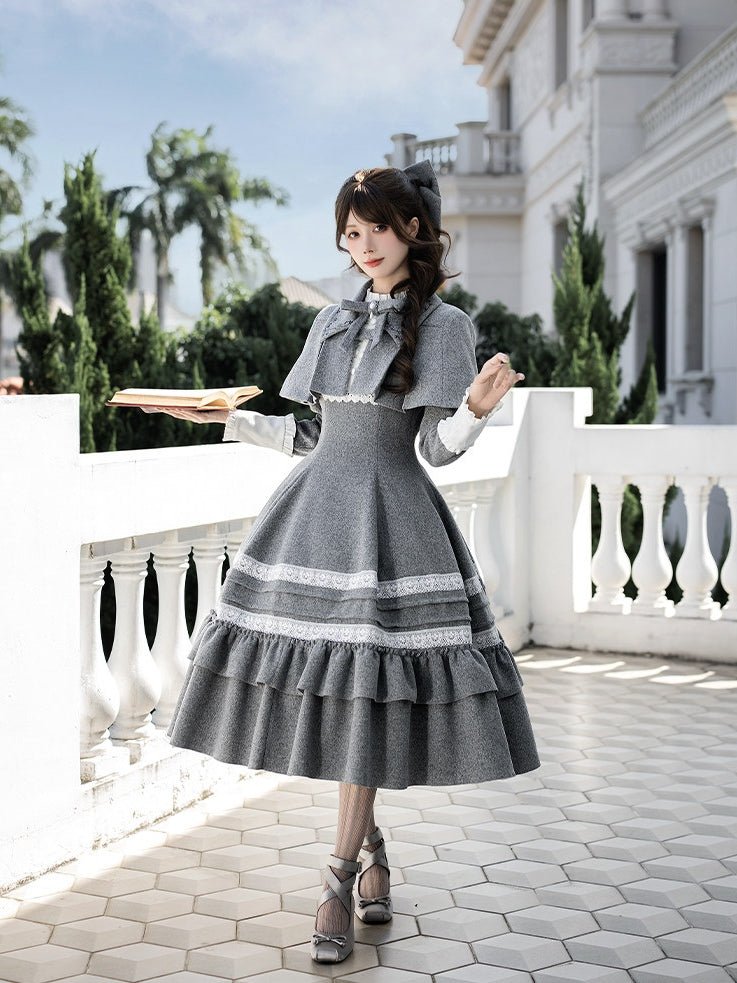 Nostalgia Classic Cape Gray OP Dress Set 1321 - LolitaEraGray Short OP SetSNostalgia Classic Cape Gray OP Dress Set 1321