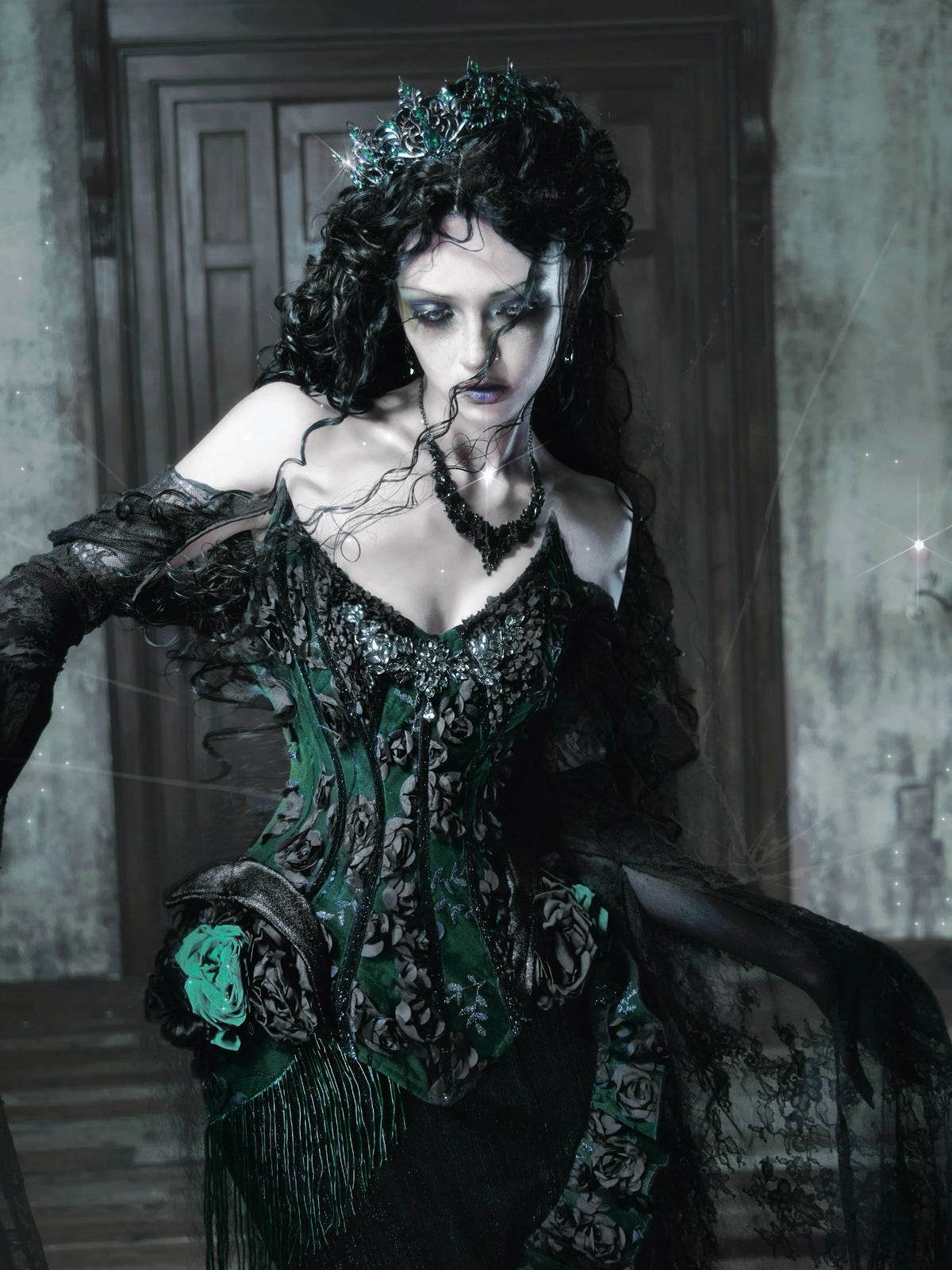【Oct 20th 8:00 PM】Jade Night Gothic Halloween Imperial Green Fishbone Lace Corset