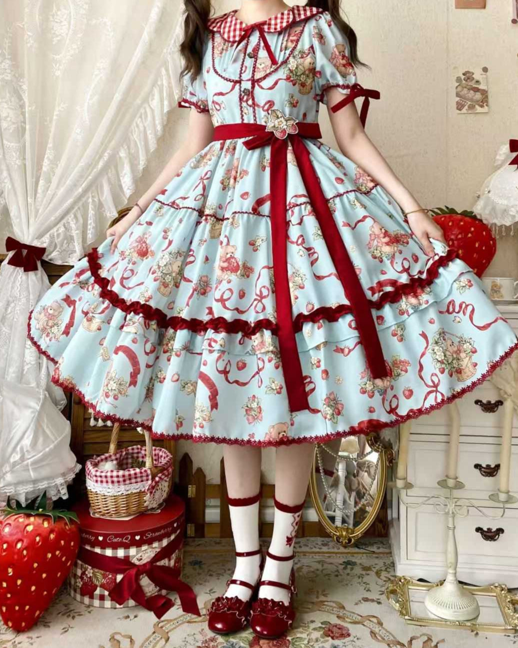 Lolita Sweet Strawberry Bear Cookie OP Dress LS1021