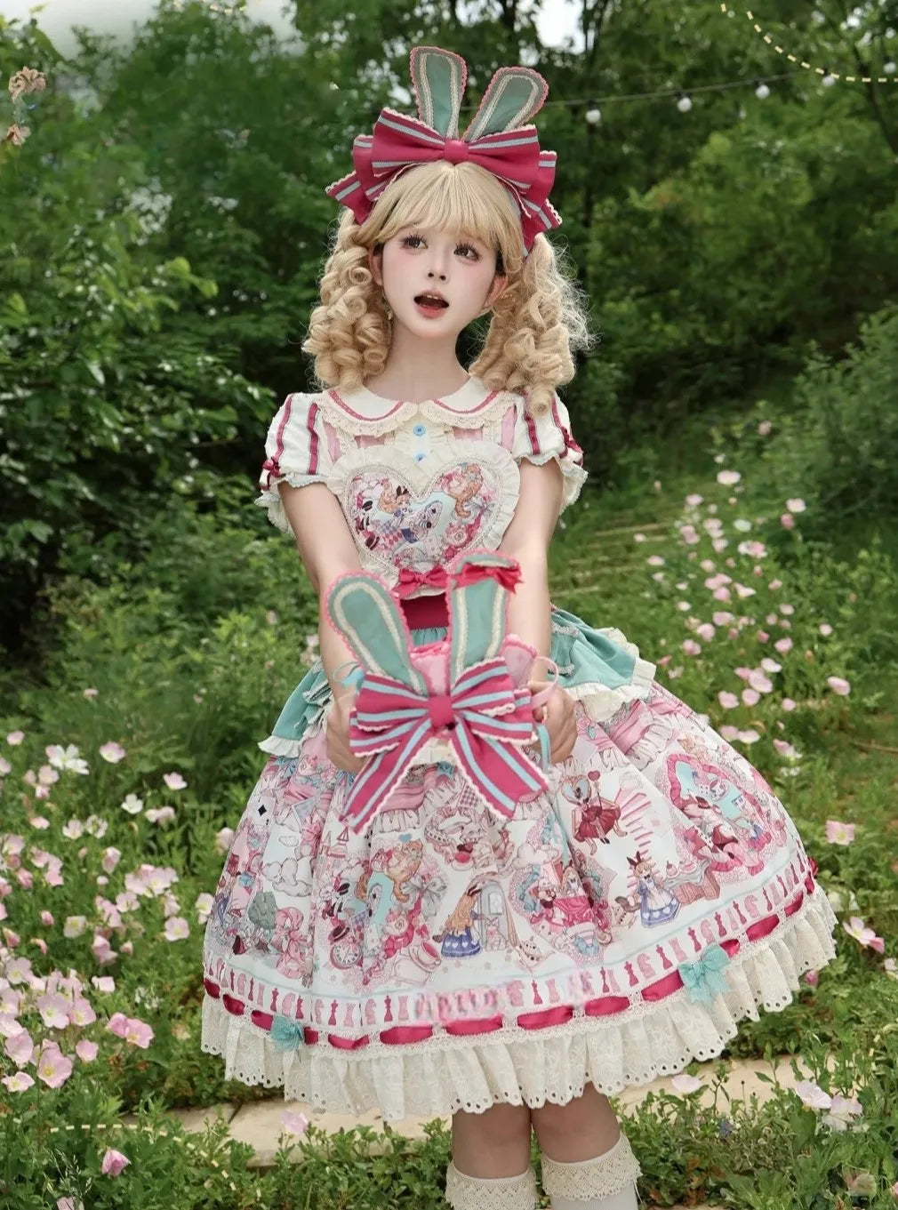 Cat Alice Fantasy Dreamland Lolita OP Sweet Kawaii Wonderland Print
