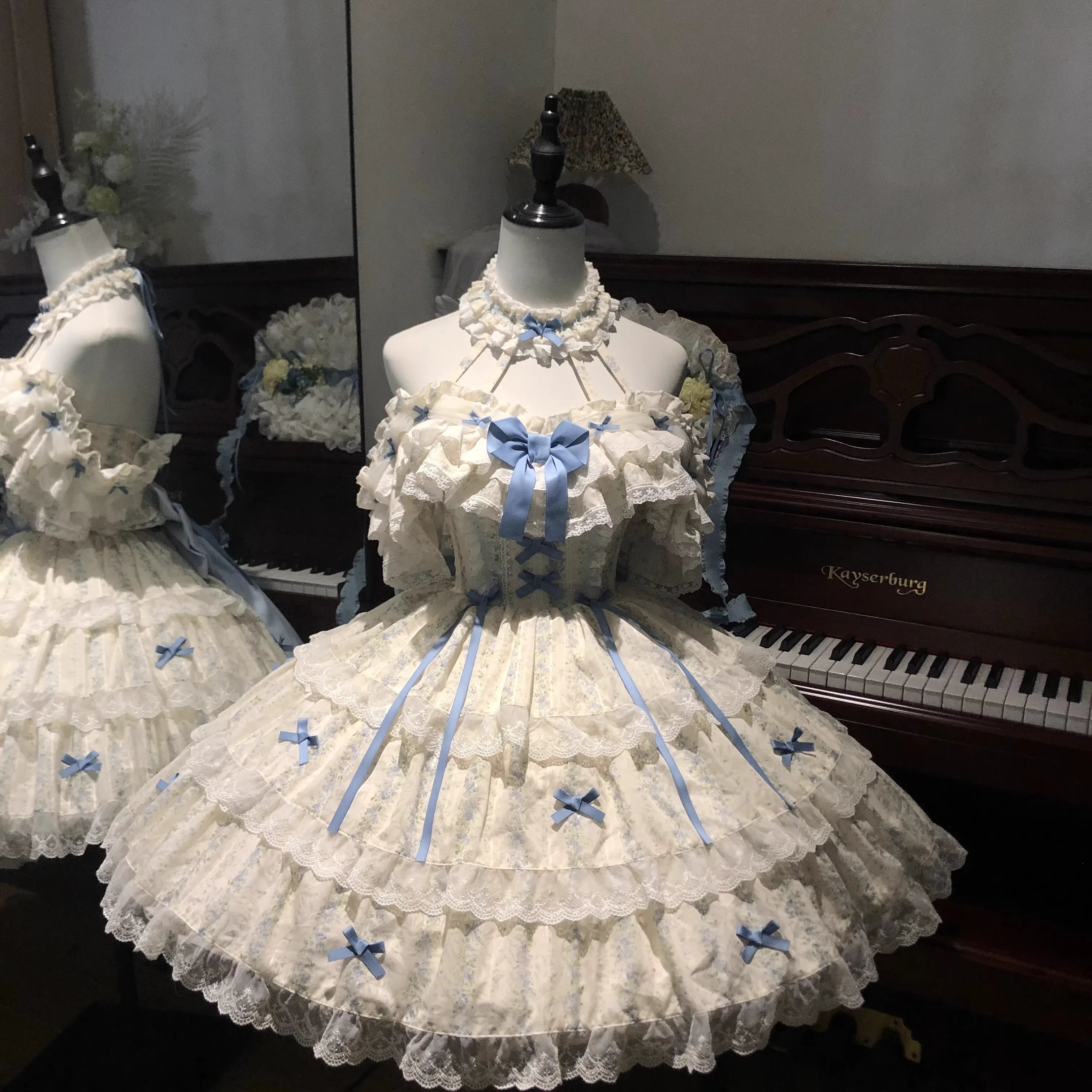 渔老板 Genuine blue detachable hair accessory, flowered, Lolita style