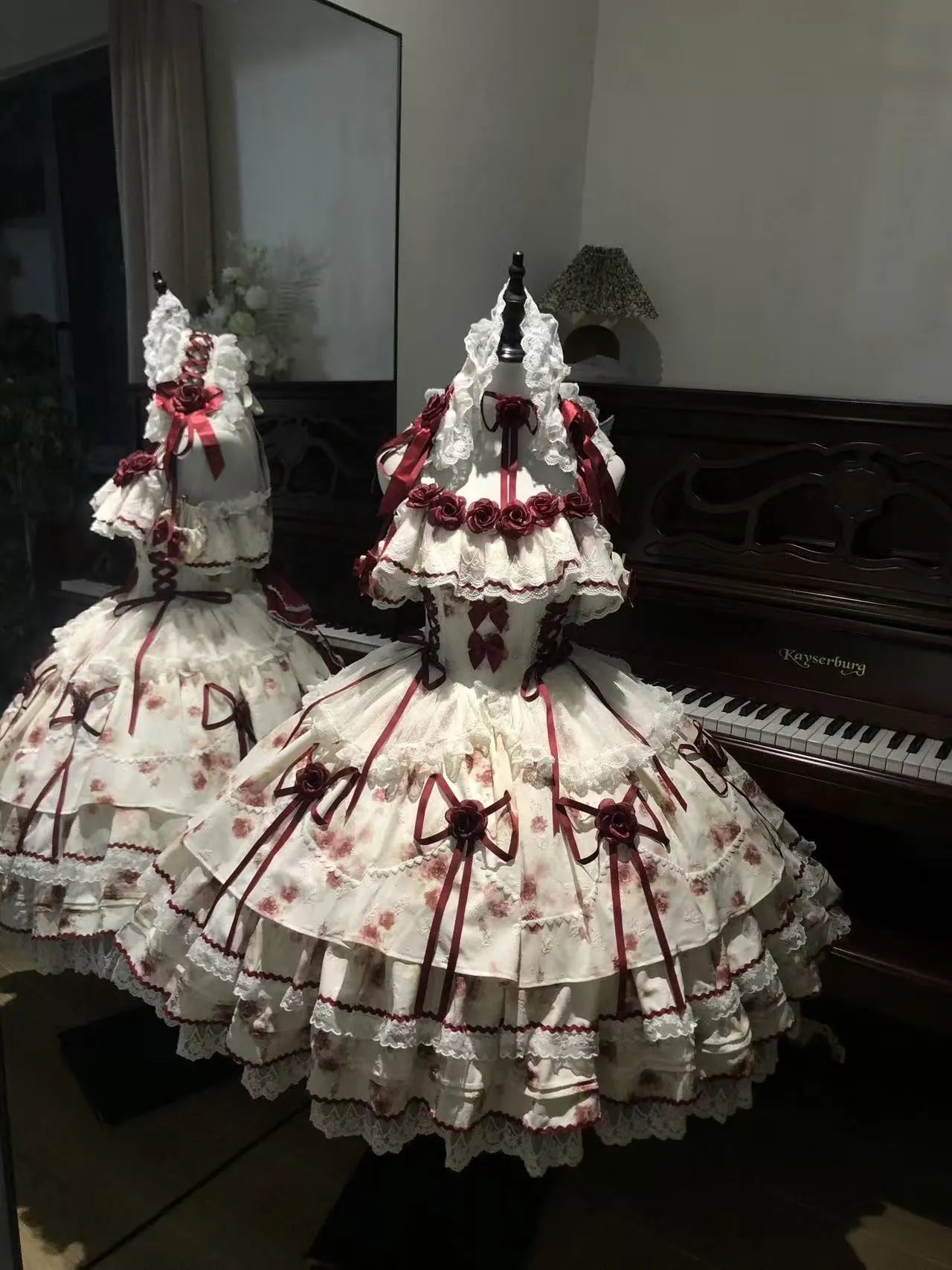 Yuyujia Original Crimson Love Letter Lolita Dress (includes dress, sleeves, neck accessory, train, and hairband)