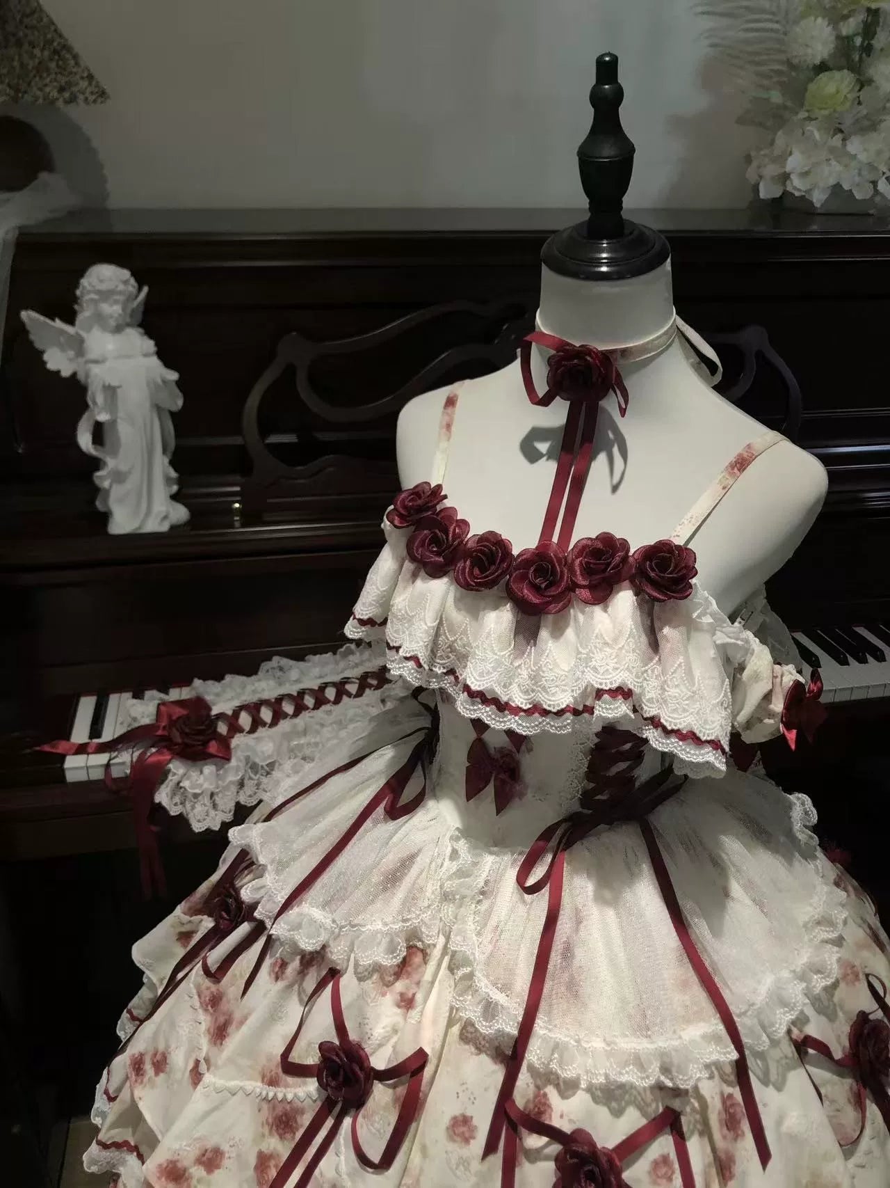Yuyujia Original Crimson Love Letter Lolita Dress (includes dress, sleeves, neck accessory, train, and hairband)