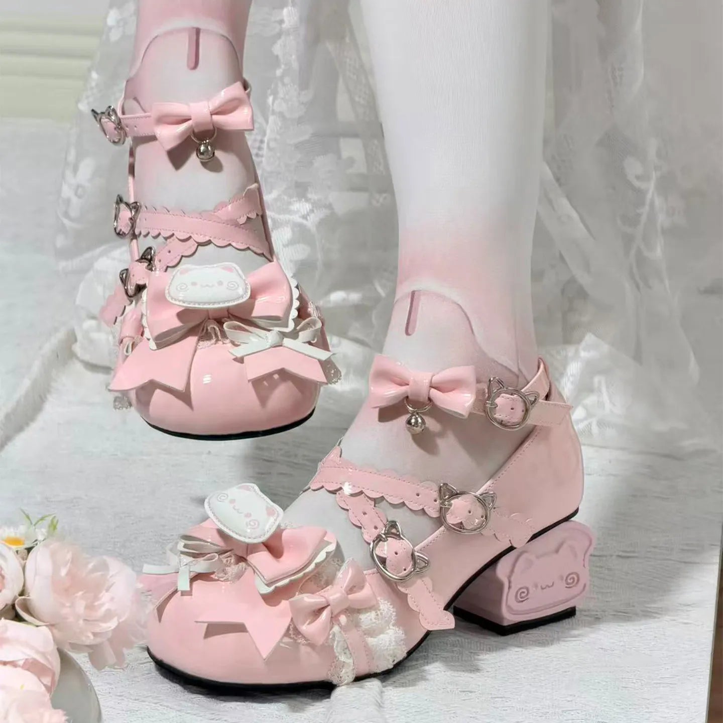 Genuine design high heels heels with bow, Lolita style, mid heel