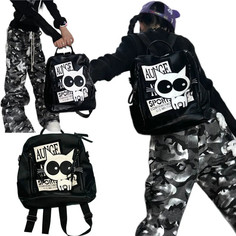 Nikko Yu original niche backpack kitten Y2K large capacity letter school bag for class commuting out of town large backpack