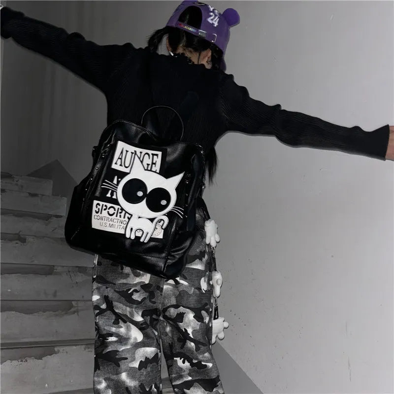Nikko Yu original niche backpack kitten Y2K large capacity letter school bag for class commuting out of town large backpack
