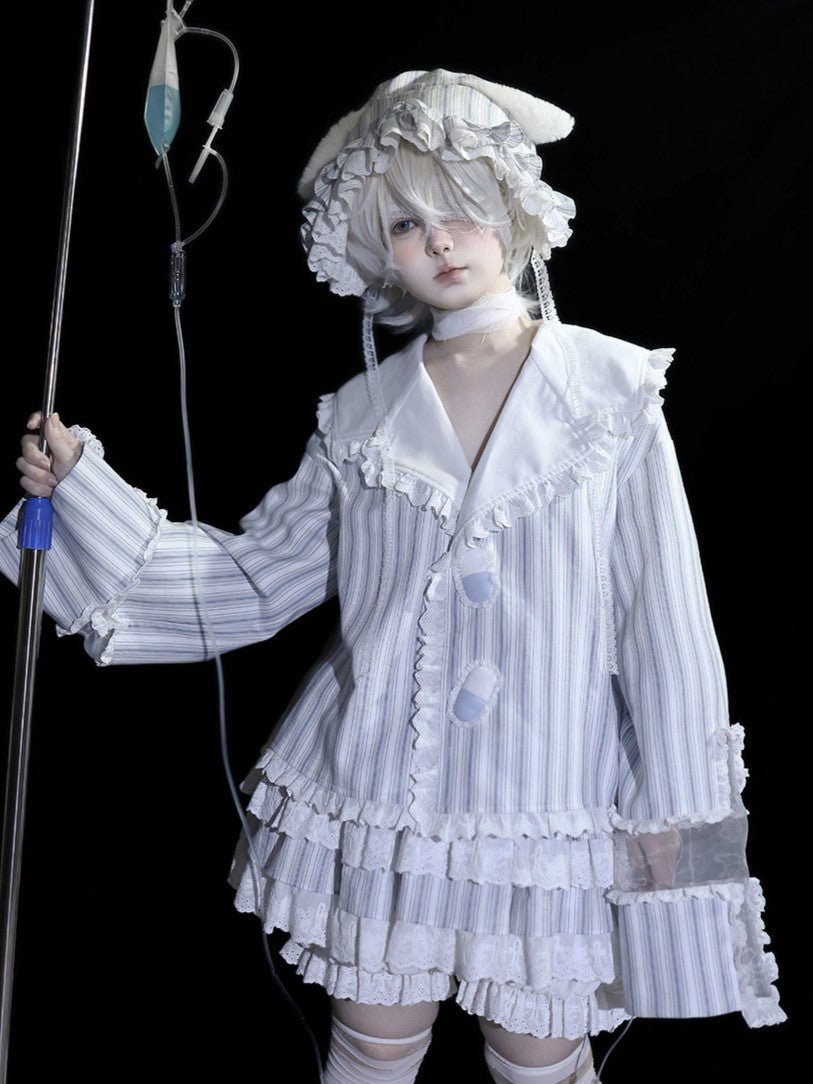 Painful Memory Lolita Sky Blue Striped Nightgown 1745 - LolitaEraTopSPainful Memory Lolita Sky Blue Striped Nightgown 1745