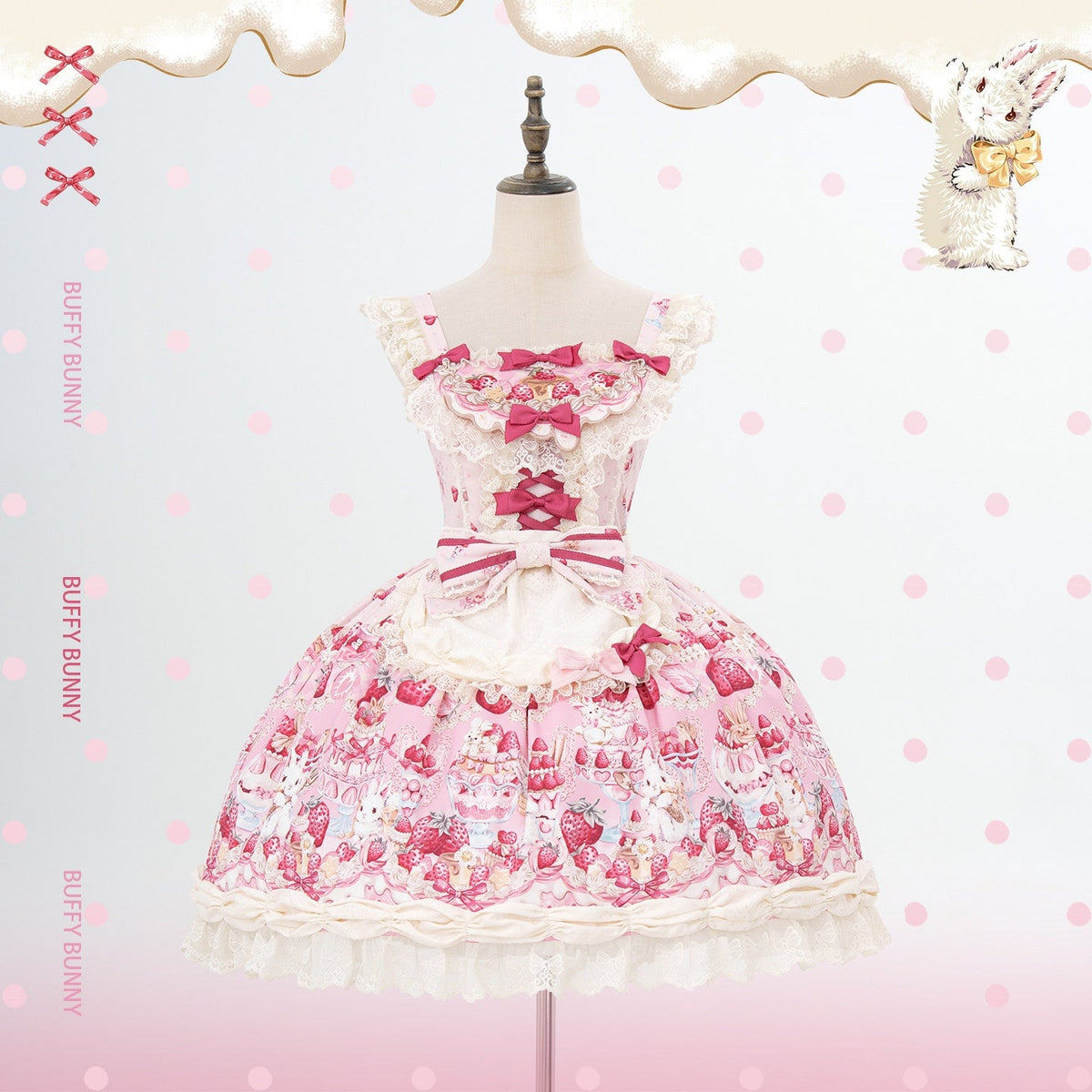 Parfait Dessert Bunny Sweet Cute Strawberry Print Embroidered JSK - LolitaEra
