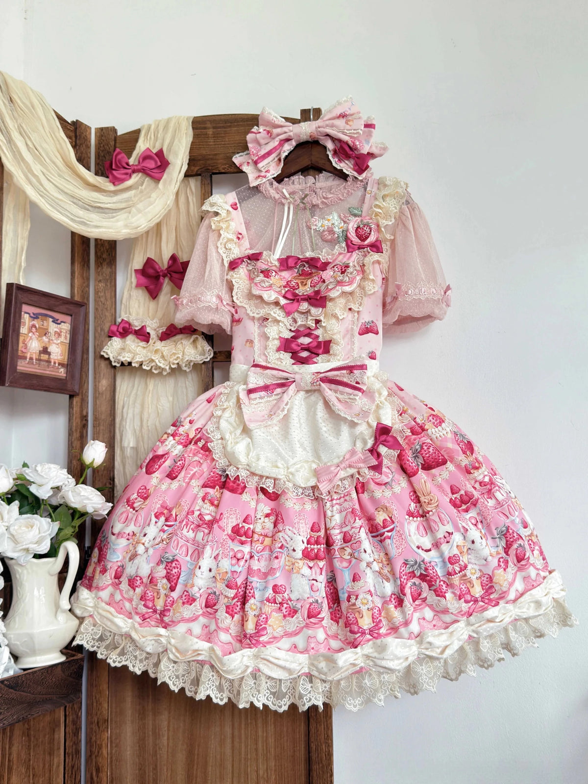 Parfait Dessert Bunny Sweet Cute Strawberry Print Embroidered JSK - LolitaEra