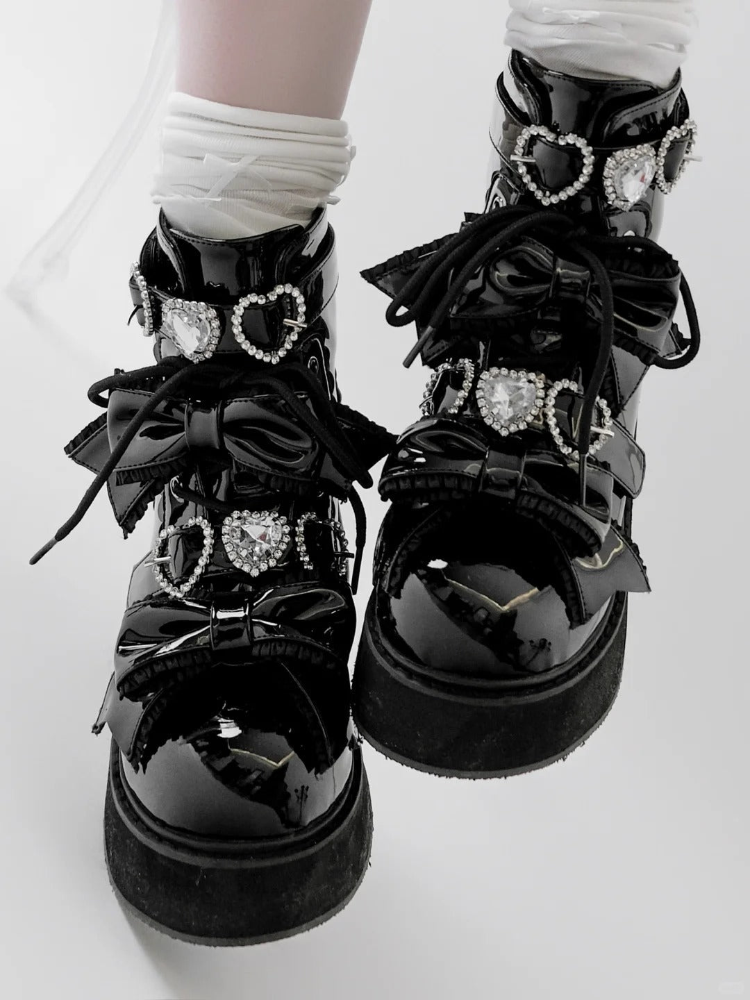 Passionate Love Song Lace Bow Patent Leather Lolita Platform Boots - LolitaEra
