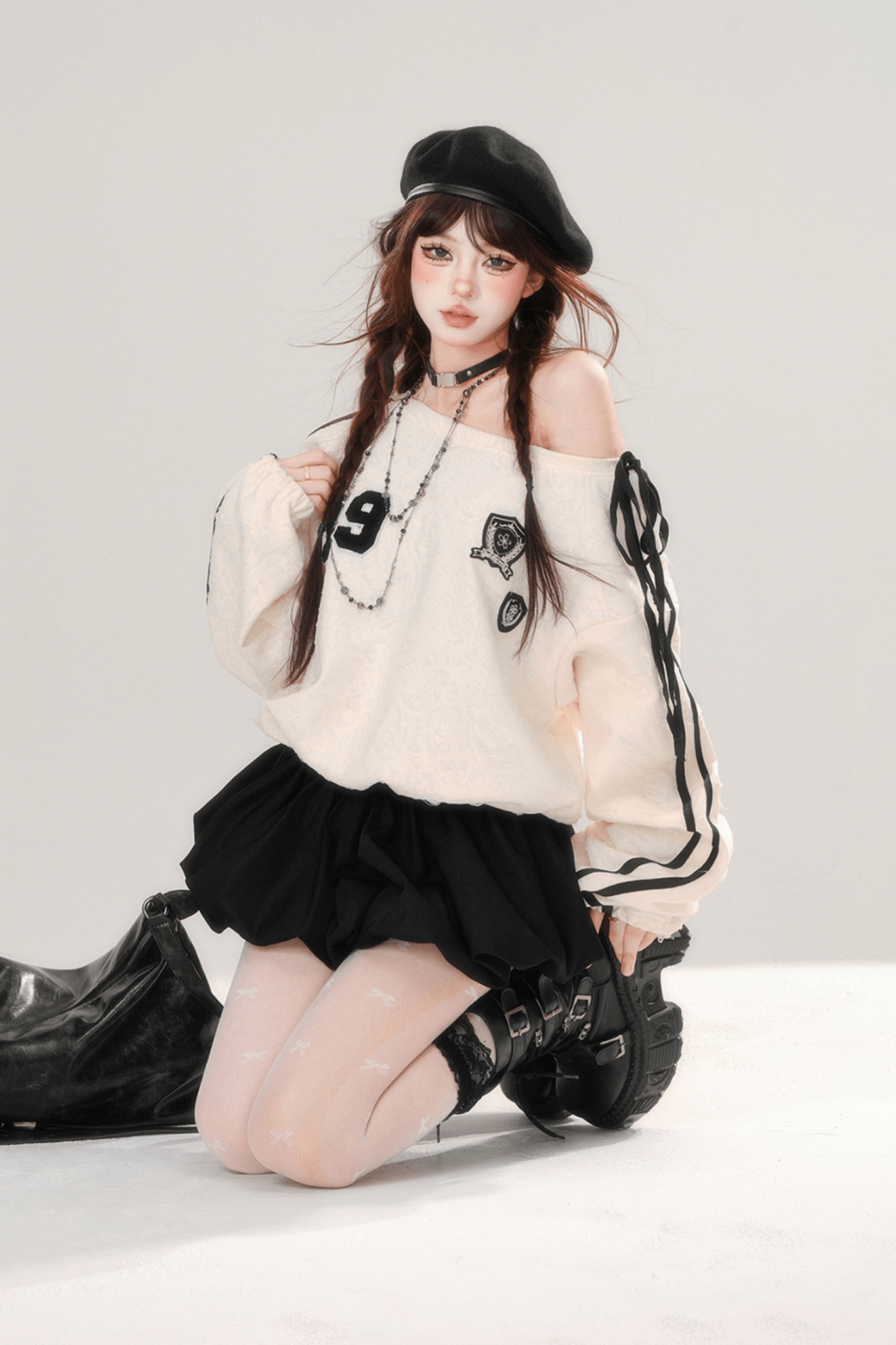 Patchwork Off - Shoulder Sweater Mini Dress - LolitaEraOne piece dressMPatchwork Off - Shoulder Sweater Mini Dress