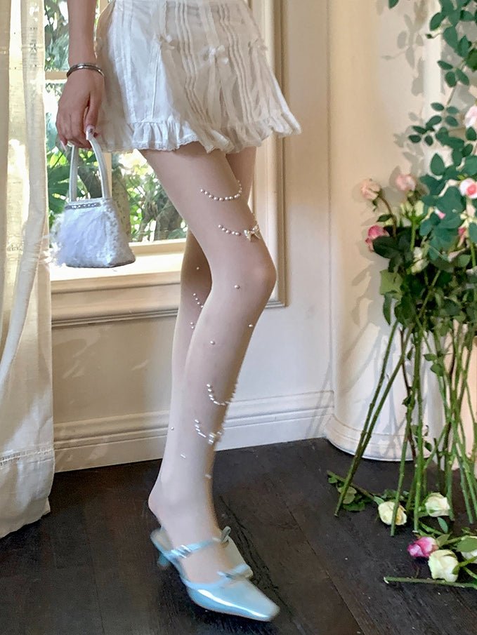 Pearl Dotted Japanese Girly Tights - LolitaEraWhitePearl Dotted Japanese Girly Tights