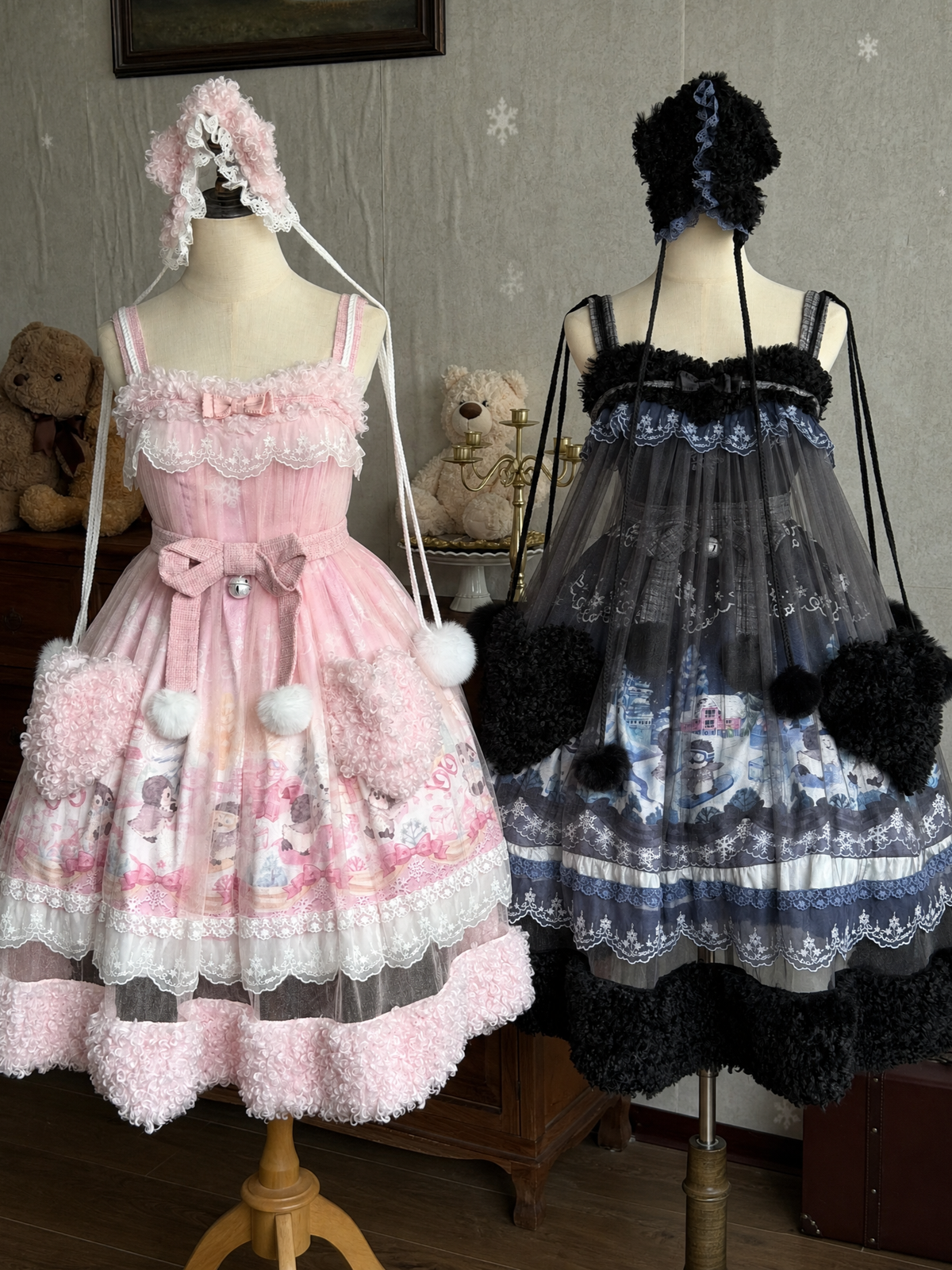 Penguin Snowball Cute Sweet Lolita Pink & Black JSK Dress - LolitaEra