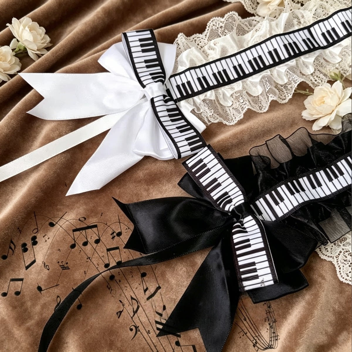 Piano Key Lace Bunny Ear Lolita Headband Mini Hat Hair Accessory Set - LolitaEra