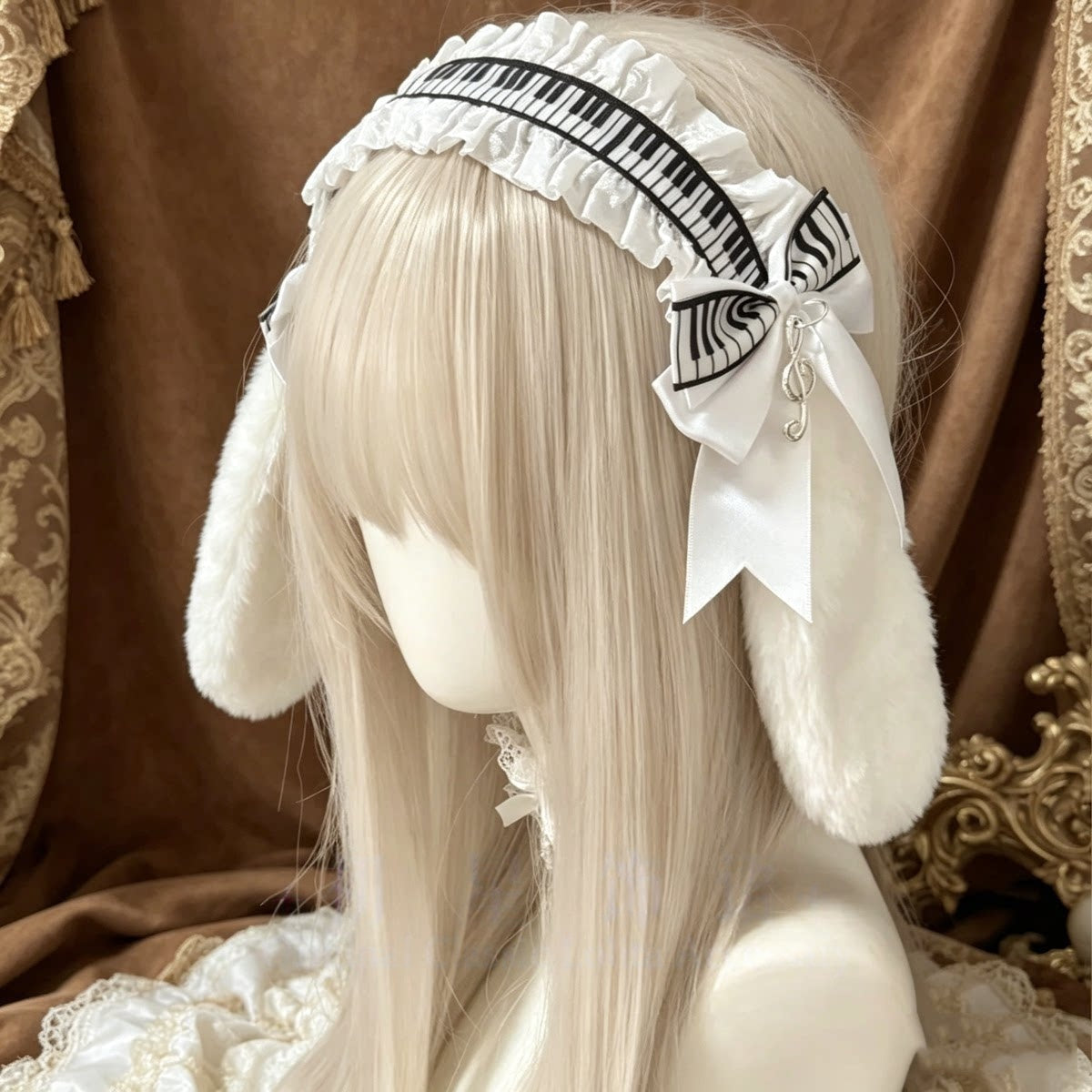Piano Key Lace Bunny Ear Lolita Headband Mini Hat Hair Accessory Set - LolitaEra