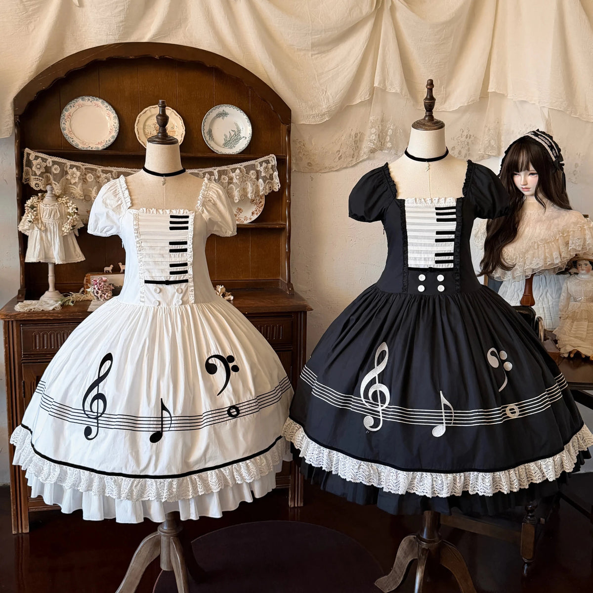 Piano Letter Vintage Music Note Lolita OP Dress - LolitaEra