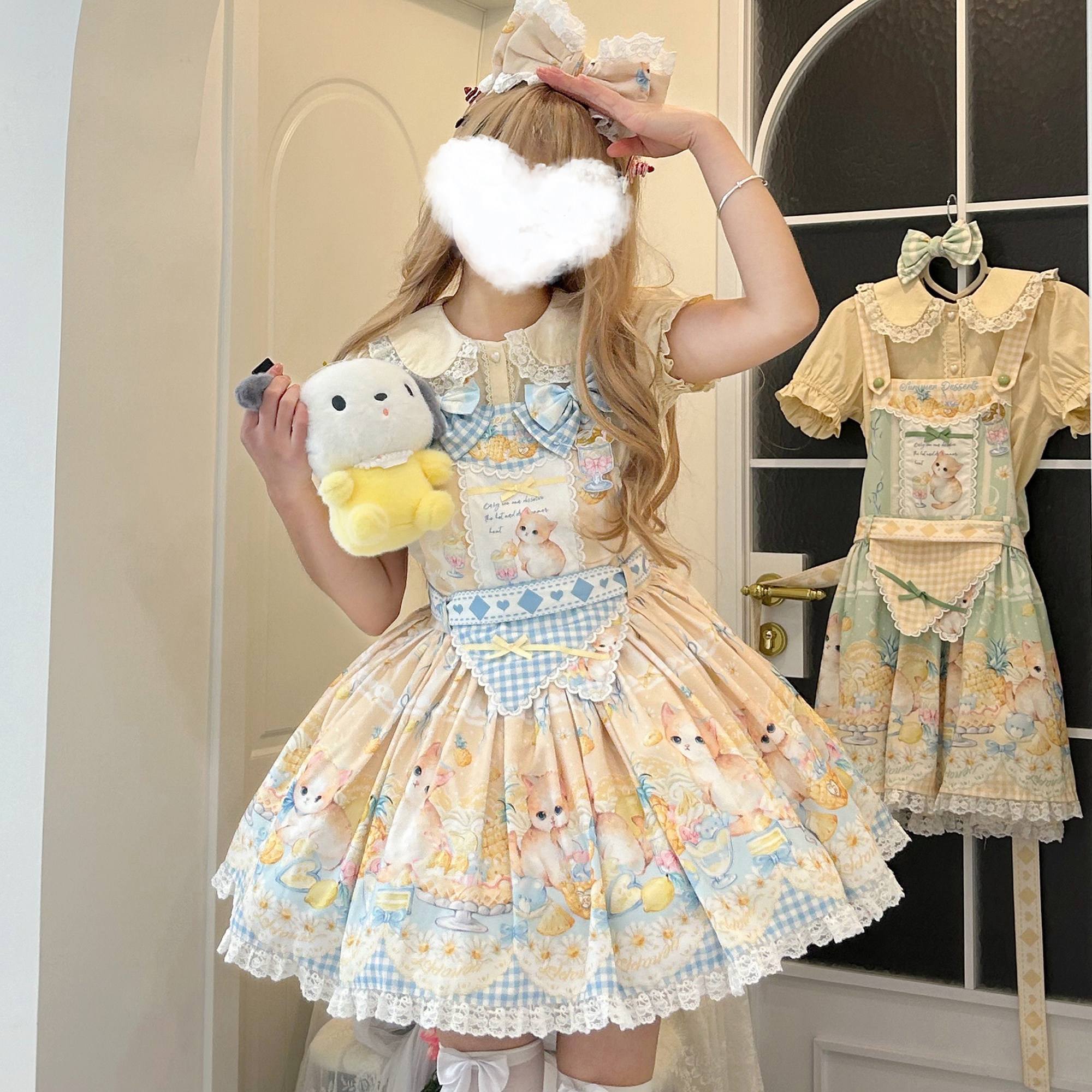 Pineapple Mew Sweet Print Lolita Dress - LolitaEraYellow JSKSPineapple Mew Sweet Print Lolita Dress