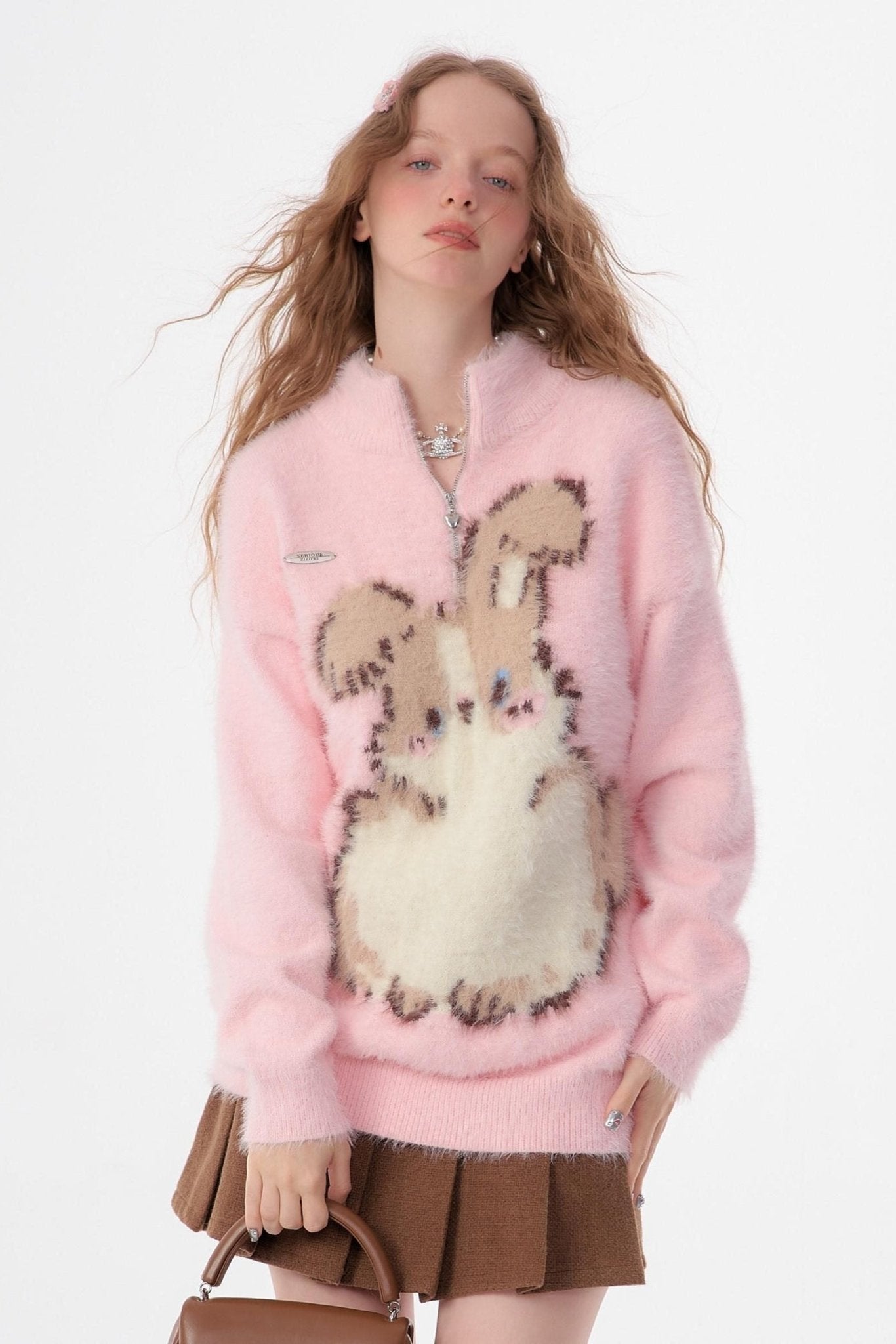 Pink Bunny Half - Zip High Collar Plush Sweater LE1157 - LolitaEraPinkSPink Bunny Half - Zip High Collar Plush Sweater LE1157