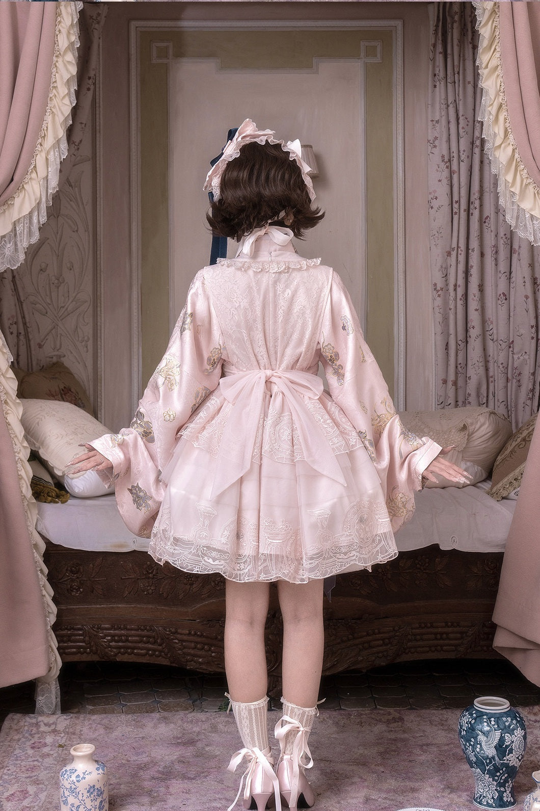 Pink Glaze Celadon Floral Embroidery Wa Lolita JSK Dress Set - LolitaEra