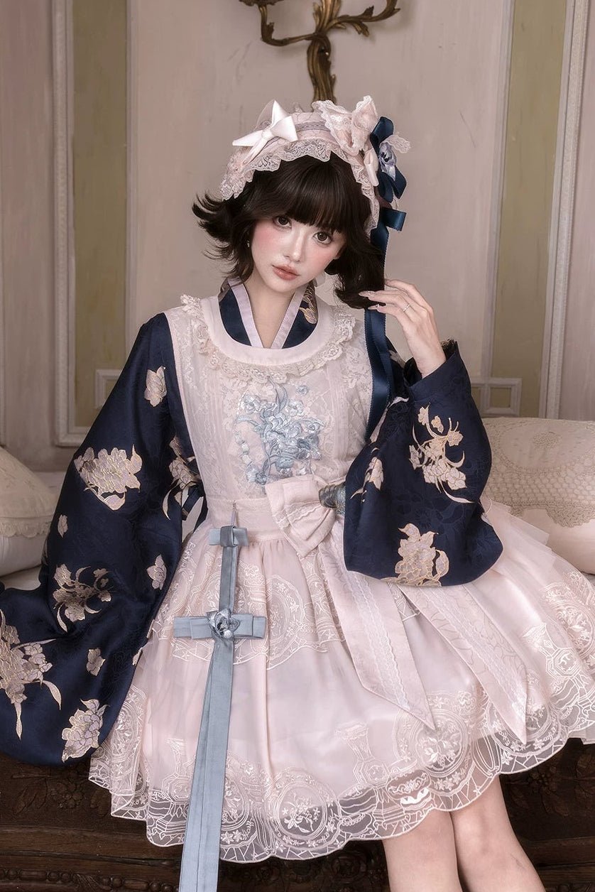 Pink Glaze Celadon Floral Embroidery Wa Lolita JSK Dress Set - LolitaEra