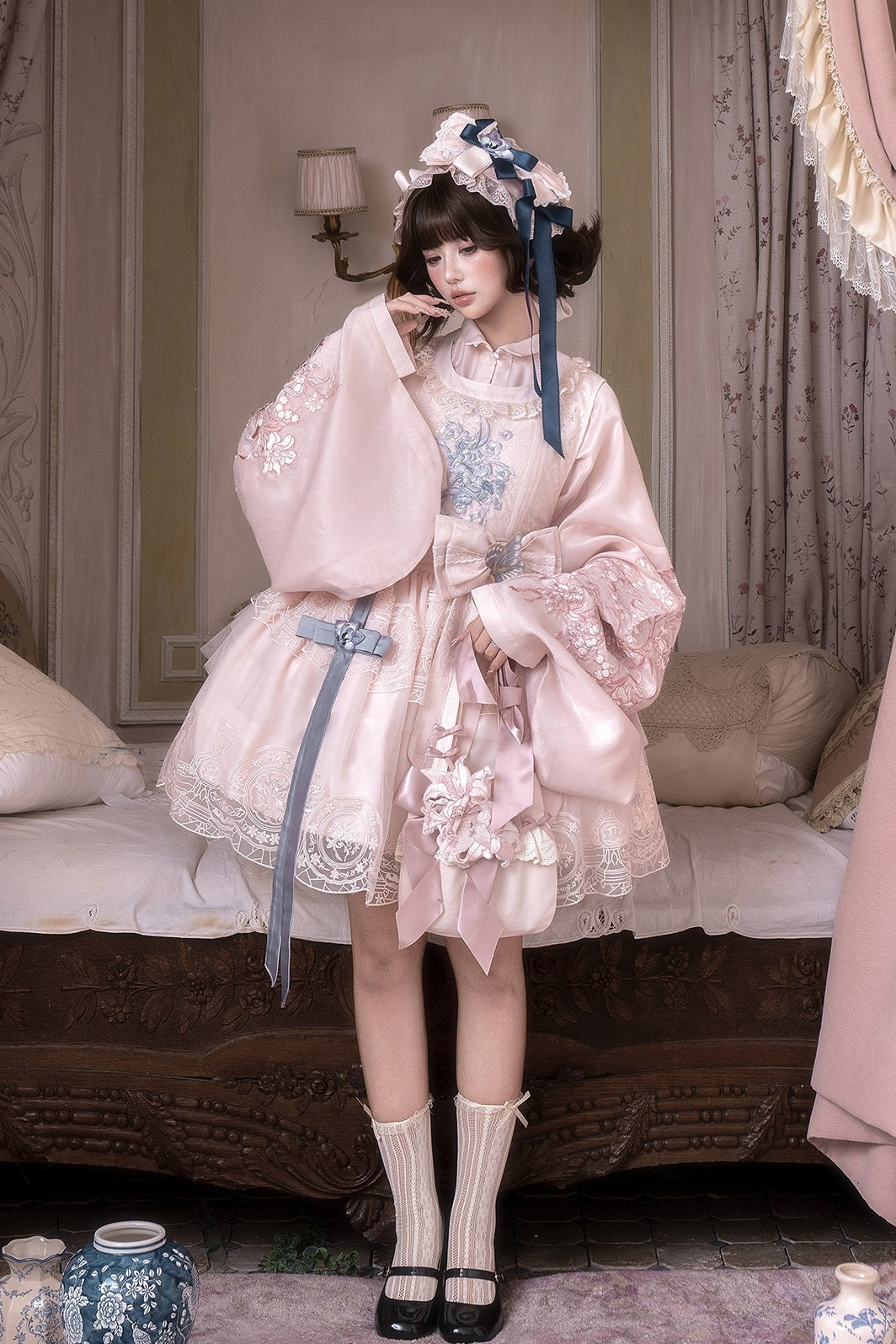 Pink Glaze Celadon Floral Embroidery Wa Lolita JSK Dress Set - LolitaEra