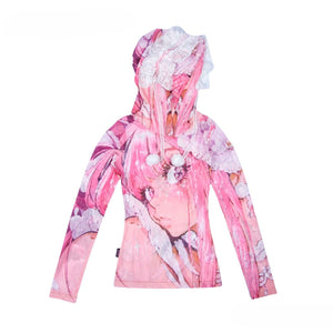Pink Snow World Pink Lace Slim - Fit Long - Sleeve Top - LolitaEraPinkSPink Snow World Pink Lace Slim - Fit Long - Sleeve Top
