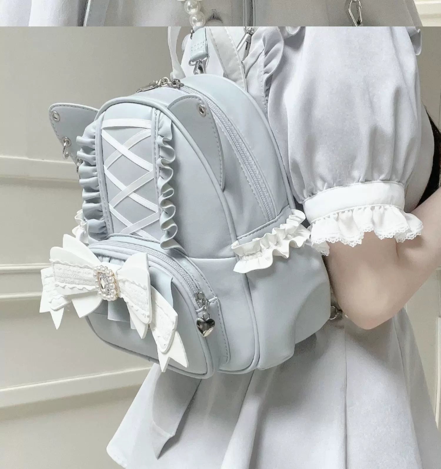 Please, Lord Meow Cat Ear Pearl Bow Lolita Gothic Crossbody Bag - LolitaEra