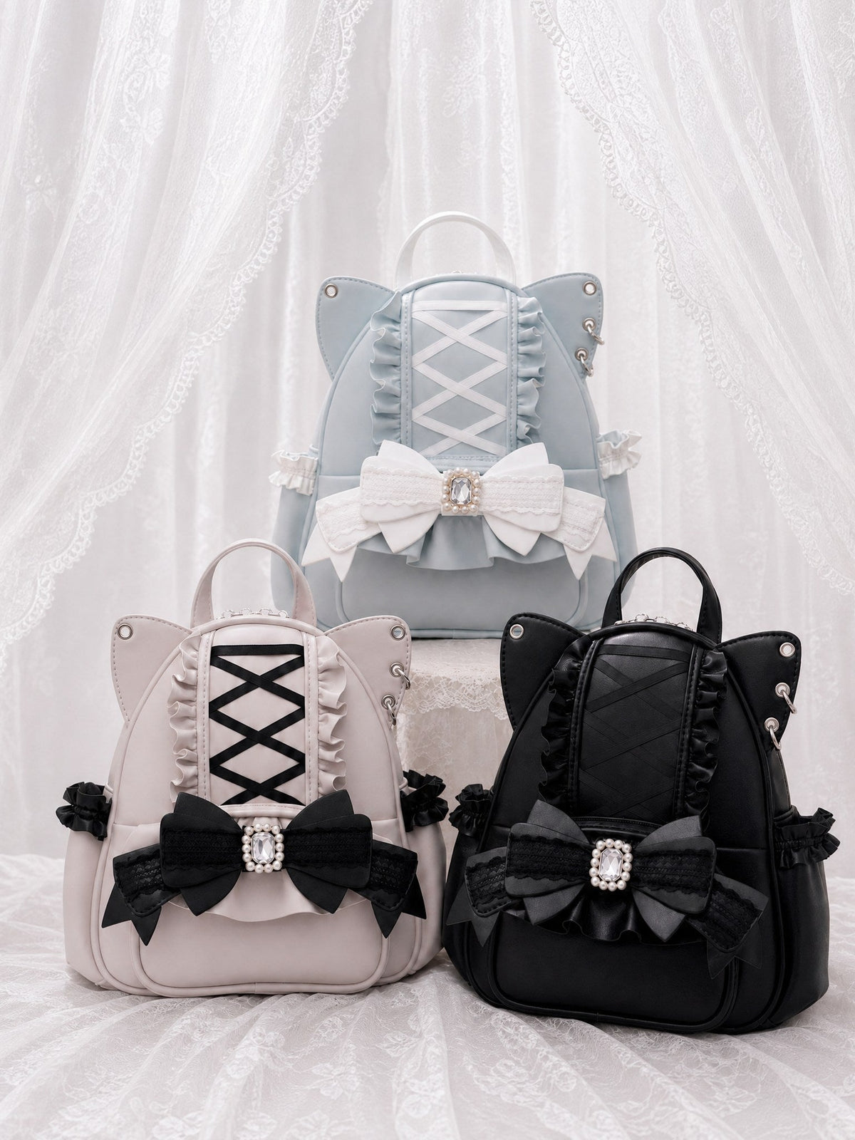 Please, Lord Meow Cat Ear Pearl Bow Lolita Gothic Crossbody Bag - LolitaEra