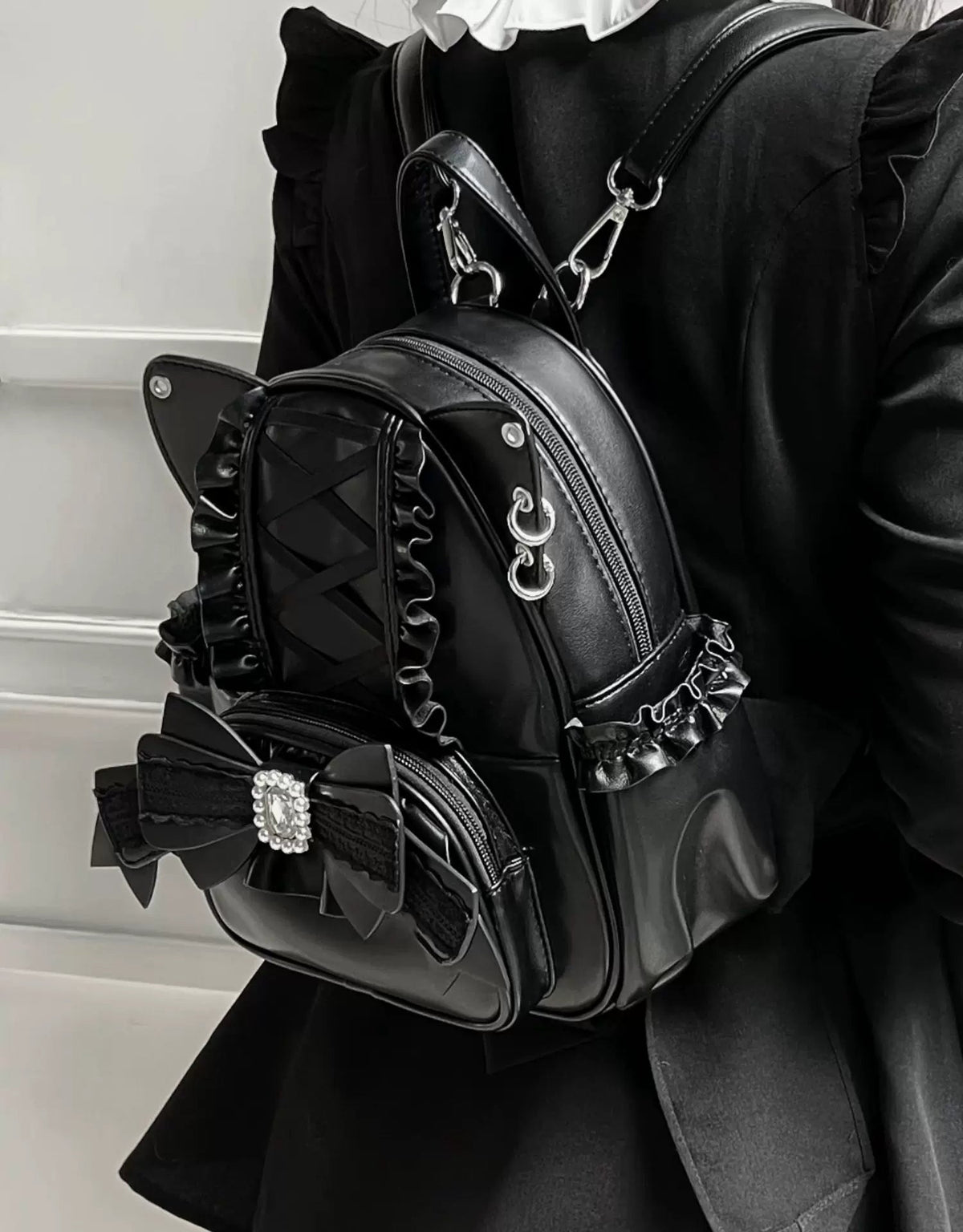 Please, Lord Meow Cat Ear Pearl Bow Lolita Gothic Crossbody Bag - LolitaEra