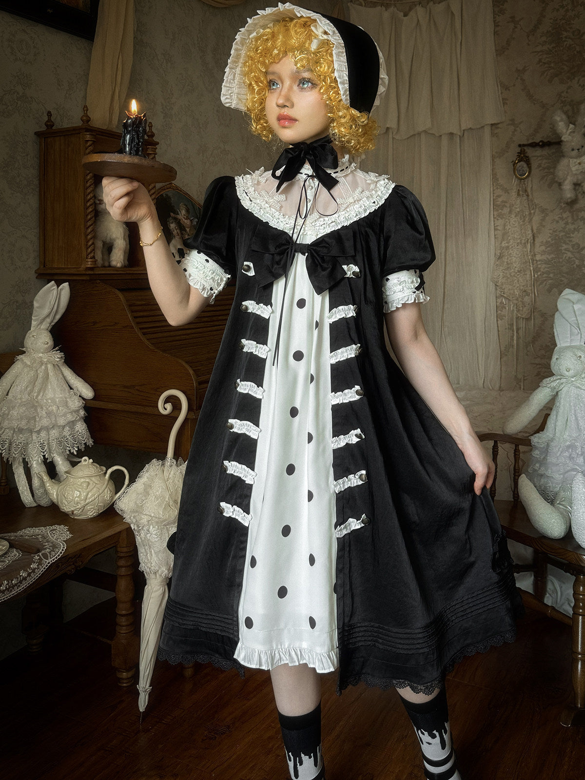 Polka Melody Lolita Vintage Long Short-Sleeve Dress - LolitaEra