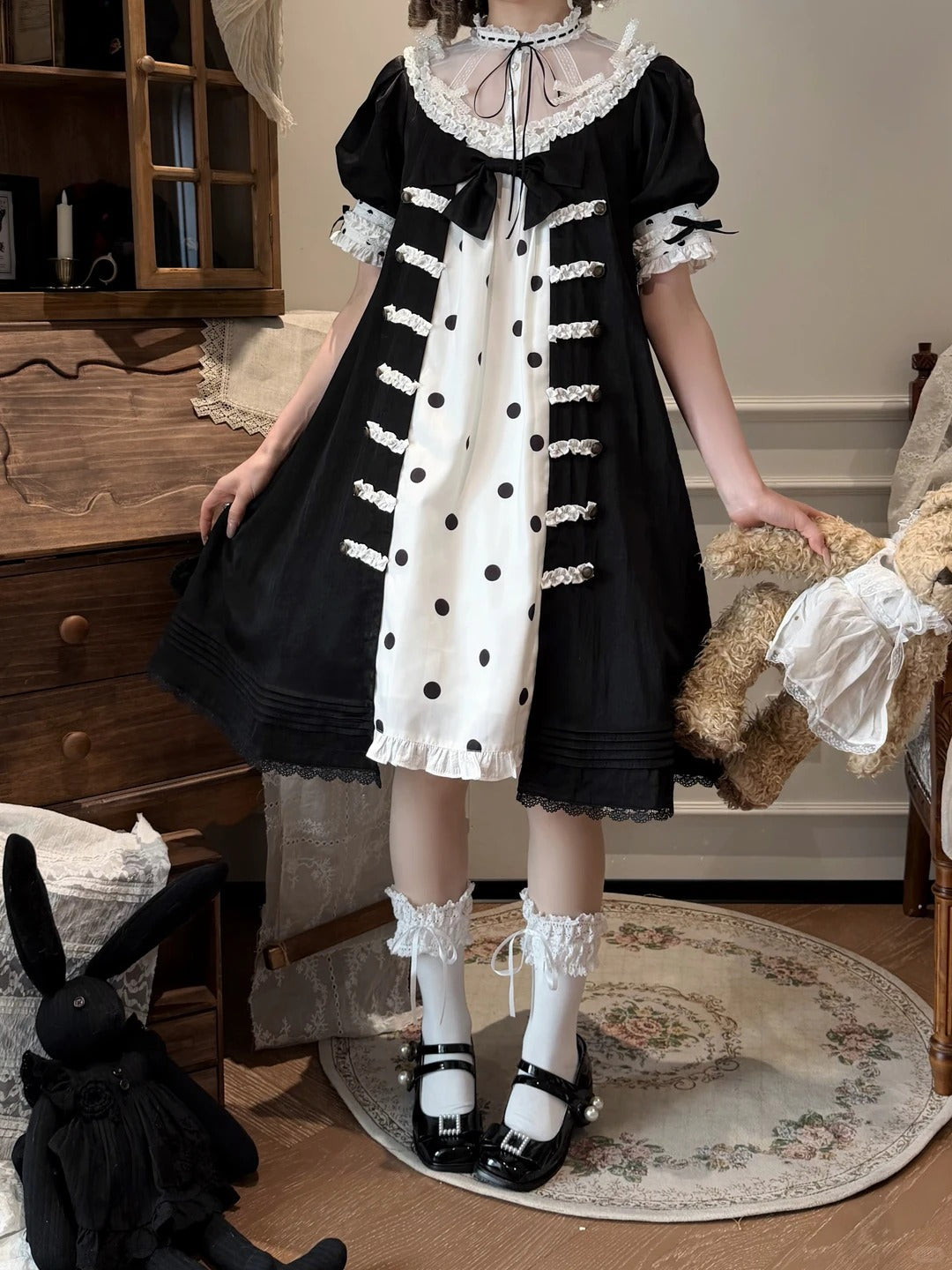 Polka Melody Lolita Vintage Long Short-Sleeve Dress - LolitaEra
