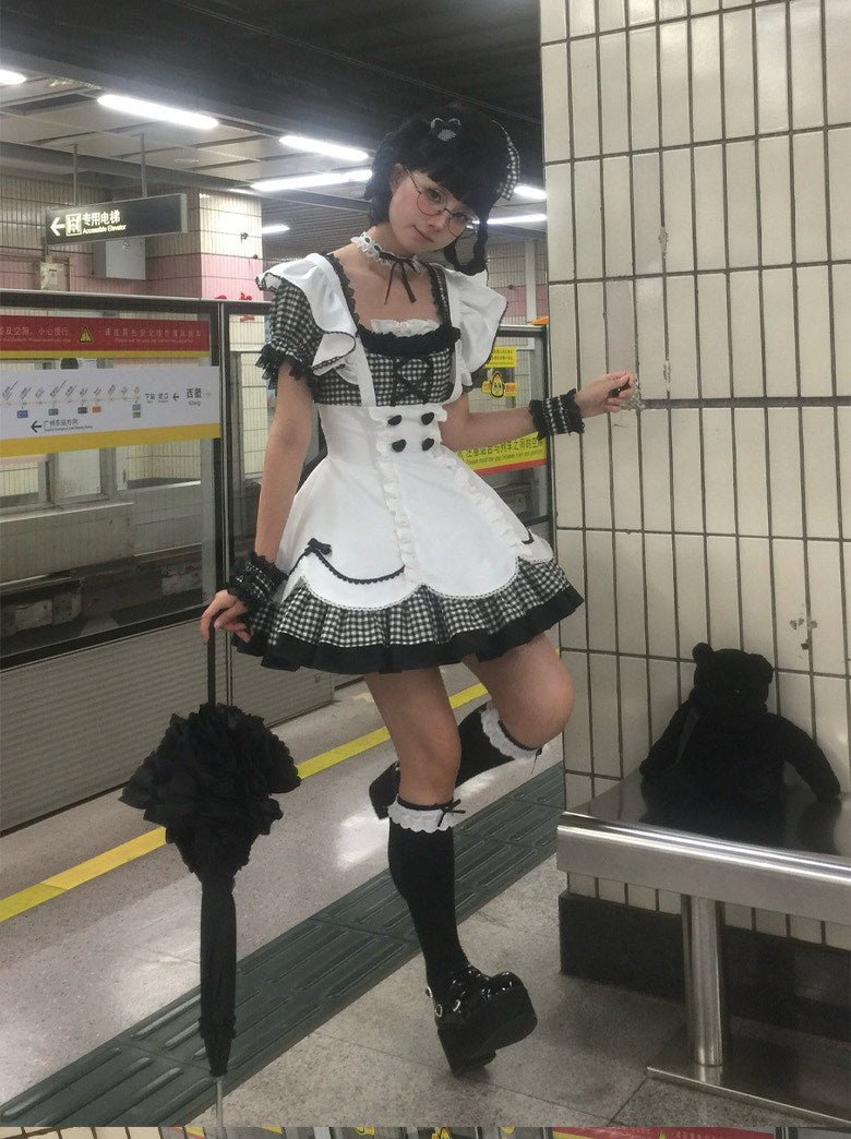 PomPom Bubble Cute Maid Style Lolita Dress - LolitaEraBlack OPSPomPom Bubble Cute Maid Style Lolita Dress