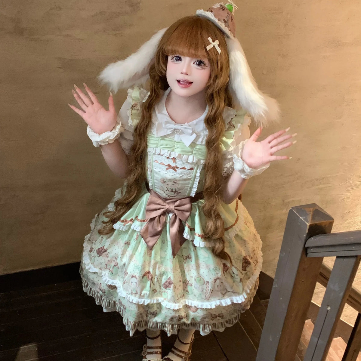 Popoco Mint Green Bunny Print Bubble Sweet Lolita JSK Dress - LolitaEra