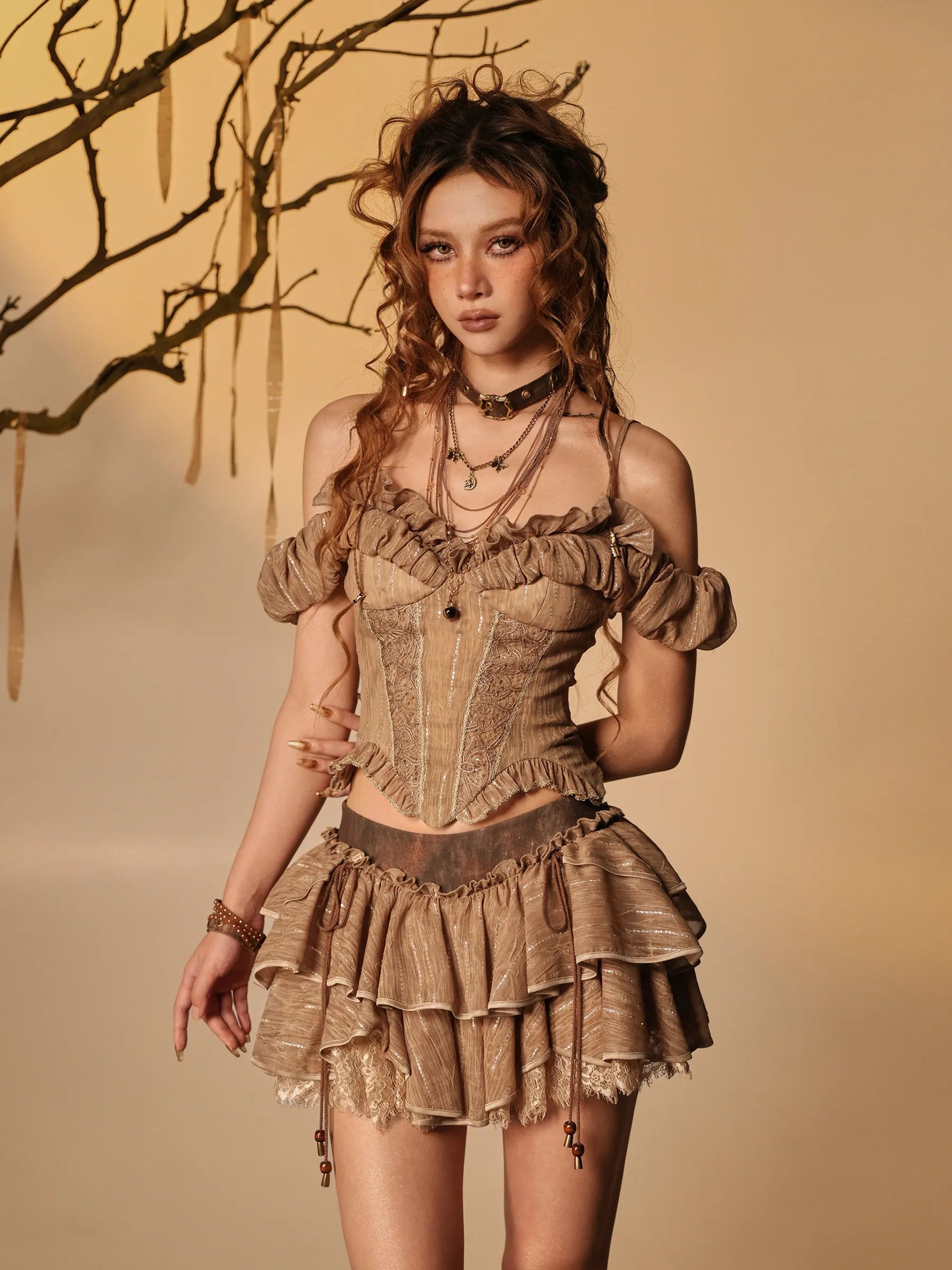 Void Track Original Ember Post-Apocalyptic Wasteland Style Spicy Girl Retro Romantic Lace Waist-Cinched Off-Shoulder Camisole Top