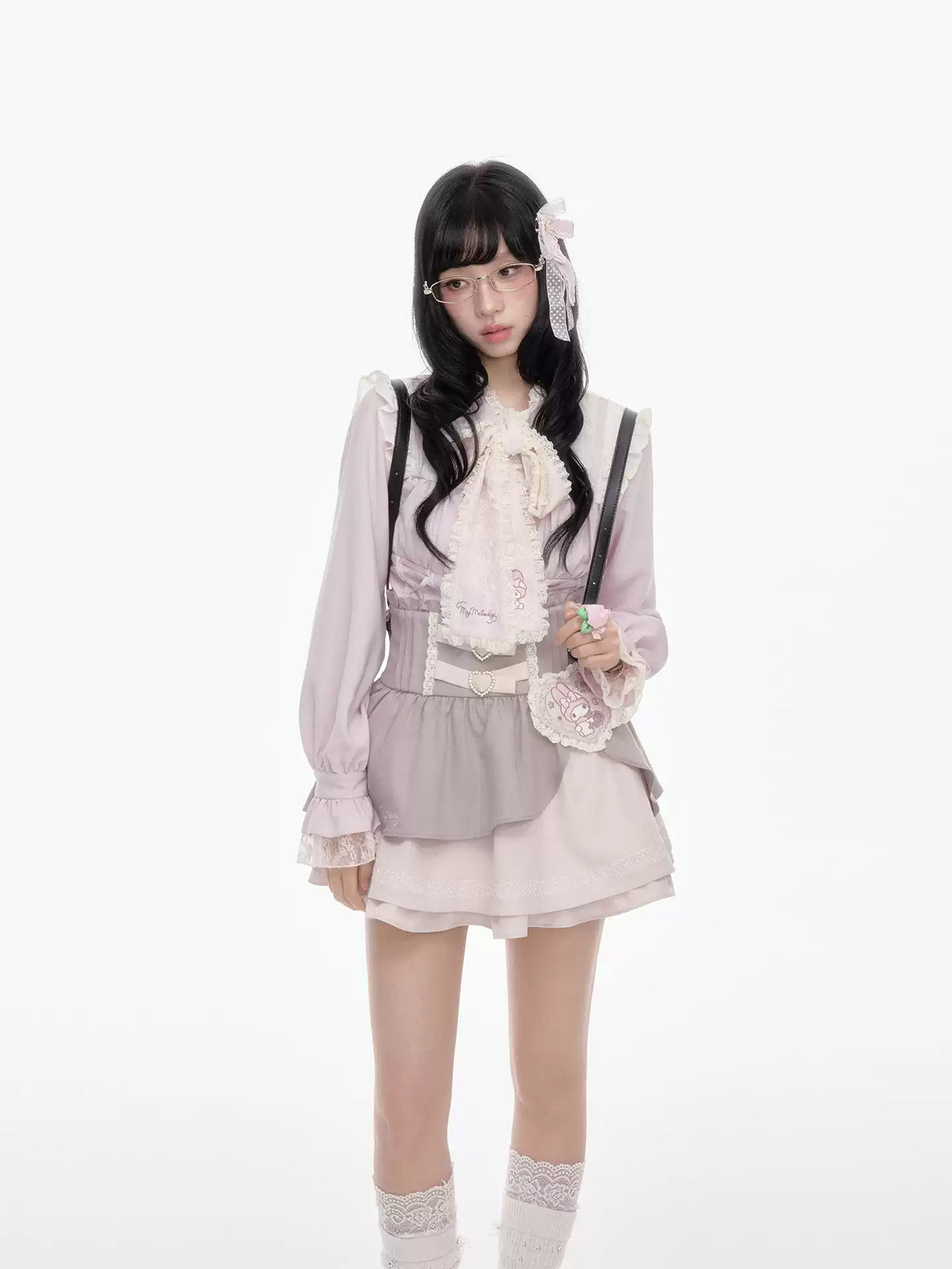 Princess Style Maiden Magazine Lace Patchwork Long Sleeve Shirt Skirt Pants Set