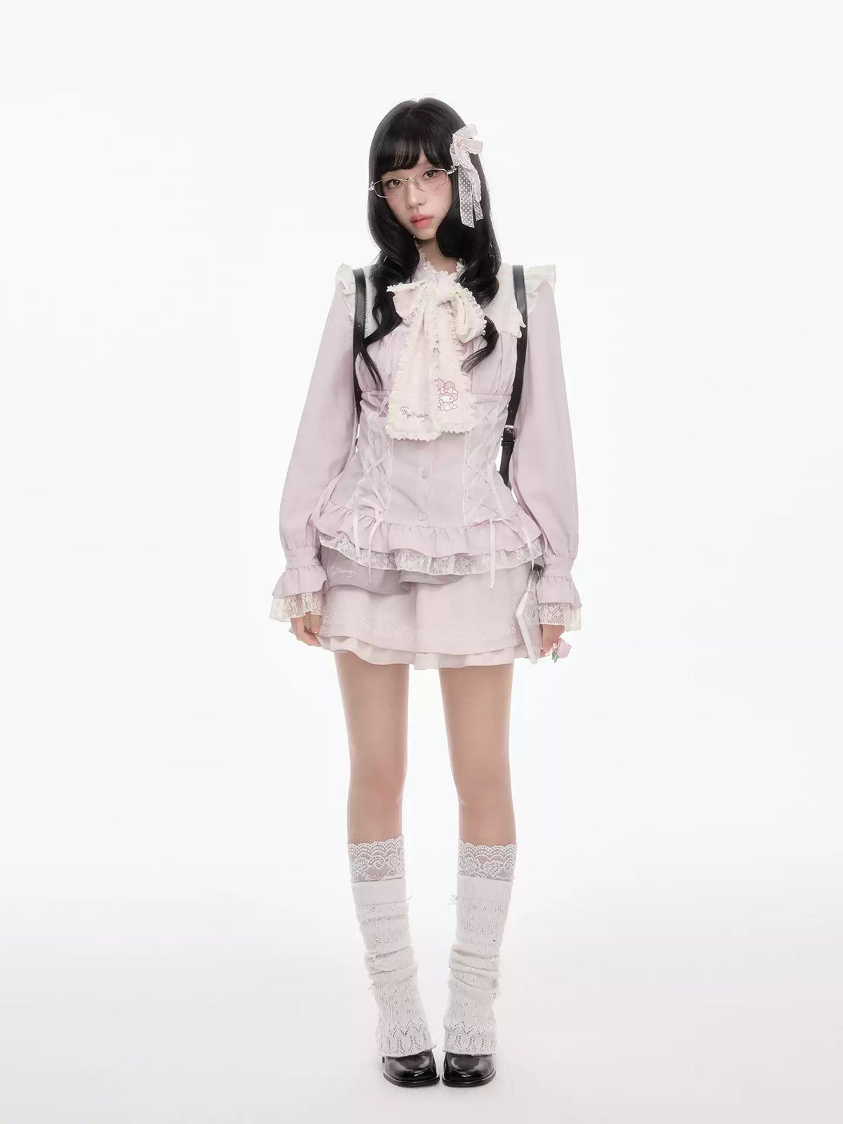 Princess Style Maiden Magazine Lace Patchwork Long Sleeve Shirt Skirt Pants Set