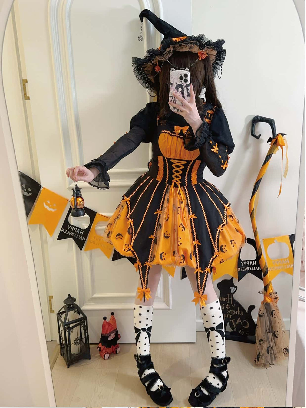 Pumpkin Lantern Halloween Witch Dark‑Sweet Lolita JSK Dress Set - LolitaEra