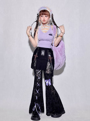 Purple Lace Sheer Hollow High Waist Flare Pants - LolitaEraBlack PantsSPurple Lace Sheer Hollow High Waist Flare Pants