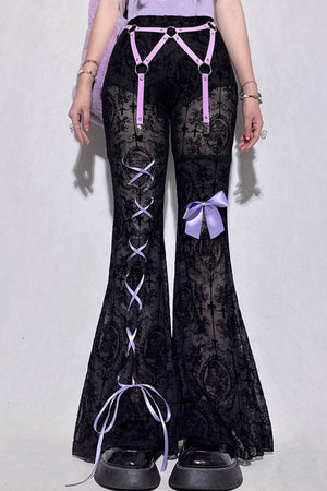 Purple Lace Sheer Hollow High Waist Flare Pants - LolitaEraBlack PantsSPurple Lace Sheer Hollow High Waist Flare Pants