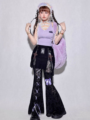 Purple Lace Sheer Hollow High Waist Flare Pants - LolitaEraBlack PantsSPurple Lace Sheer Hollow High Waist Flare Pants