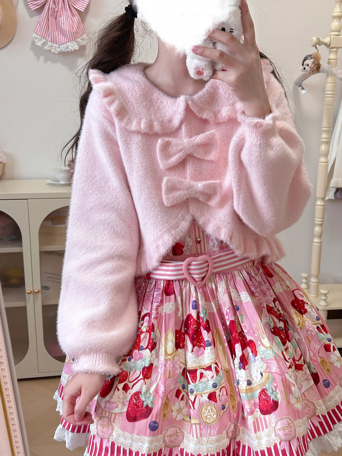 Rabbit Ear Coat, Faux Mink Velvet, Lolita Style, Autumn and Winter Warm Short Versatile Cute Bow Plush Soft Girl Cardigan