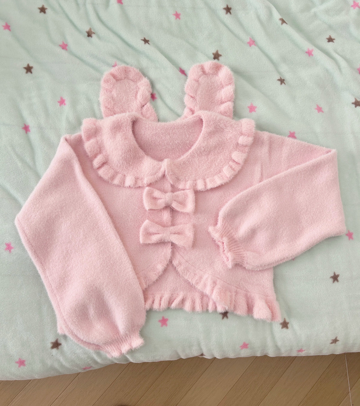 Rabbit Ear Coat, Faux Mink Velvet, Lolita Style, Autumn and Winter Warm Short Versatile Cute Bow Plush Soft Girl Cardigan