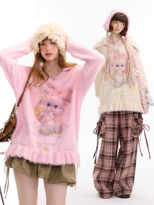 Rabbit Print Polo V - Neck Sweater with Pleated Hem LE1155 - LolitaEraBeigeSRabbit Print Polo V - Neck Sweater with Pleated Hem LE1155