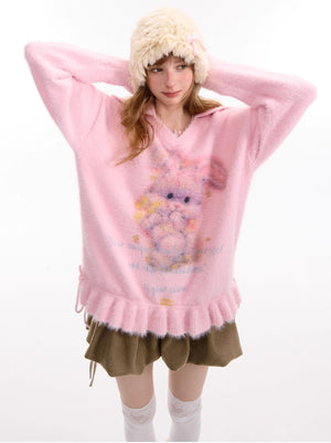 Rabbit Print Polo V - Neck Sweater with Pleated Hem LE1155 - LolitaEraBeigeSRabbit Print Polo V - Neck Sweater with Pleated Hem LE1155