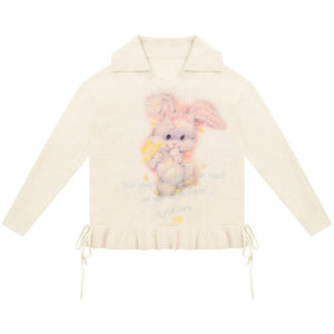 Rabbit Print Polo V - Neck Sweater with Pleated Hem LE1155 - LolitaEraBeigeSRabbit Print Polo V - Neck Sweater with Pleated Hem LE1155