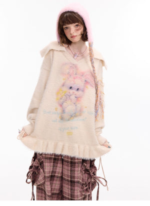 Rabbit Print Polo V - Neck Sweater with Pleated Hem LE1155 - LolitaEraBeigeSRabbit Print Polo V - Neck Sweater with Pleated Hem LE1155