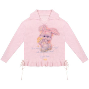 Rabbit Print Polo V - Neck Sweater with Pleated Hem LE1155 - LolitaEraPinkSRabbit Print Polo V - Neck Sweater with Pleated Hem LE1155