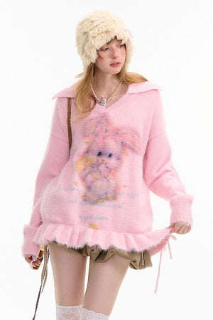 Rabbit Print Polo V - Neck Sweater with Pleated Hem LE1155 - LolitaEraPinkSRabbit Print Polo V - Neck Sweater with Pleated Hem LE1155