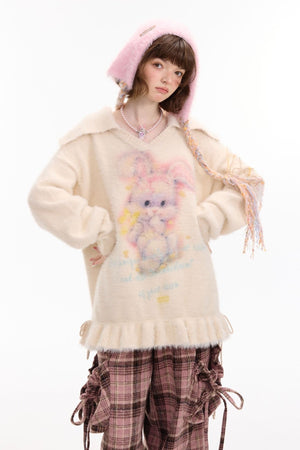 Rabbit Print Polo V - Neck Sweater with Pleated Hem LE1155 - LolitaEraPinkSRabbit Print Polo V - Neck Sweater with Pleated Hem LE1155